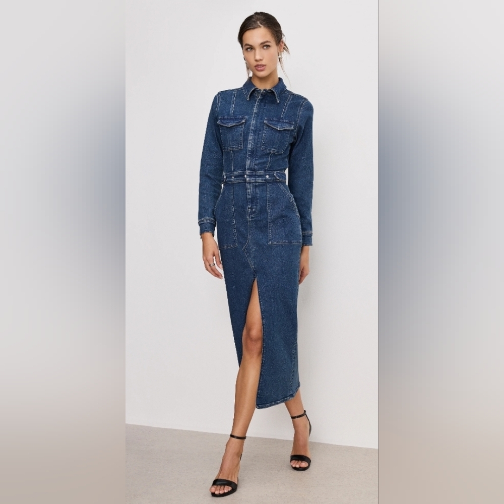 Good American Fit For Success Long Sleeve Denim Midi Dress NWT In Indigo Size L